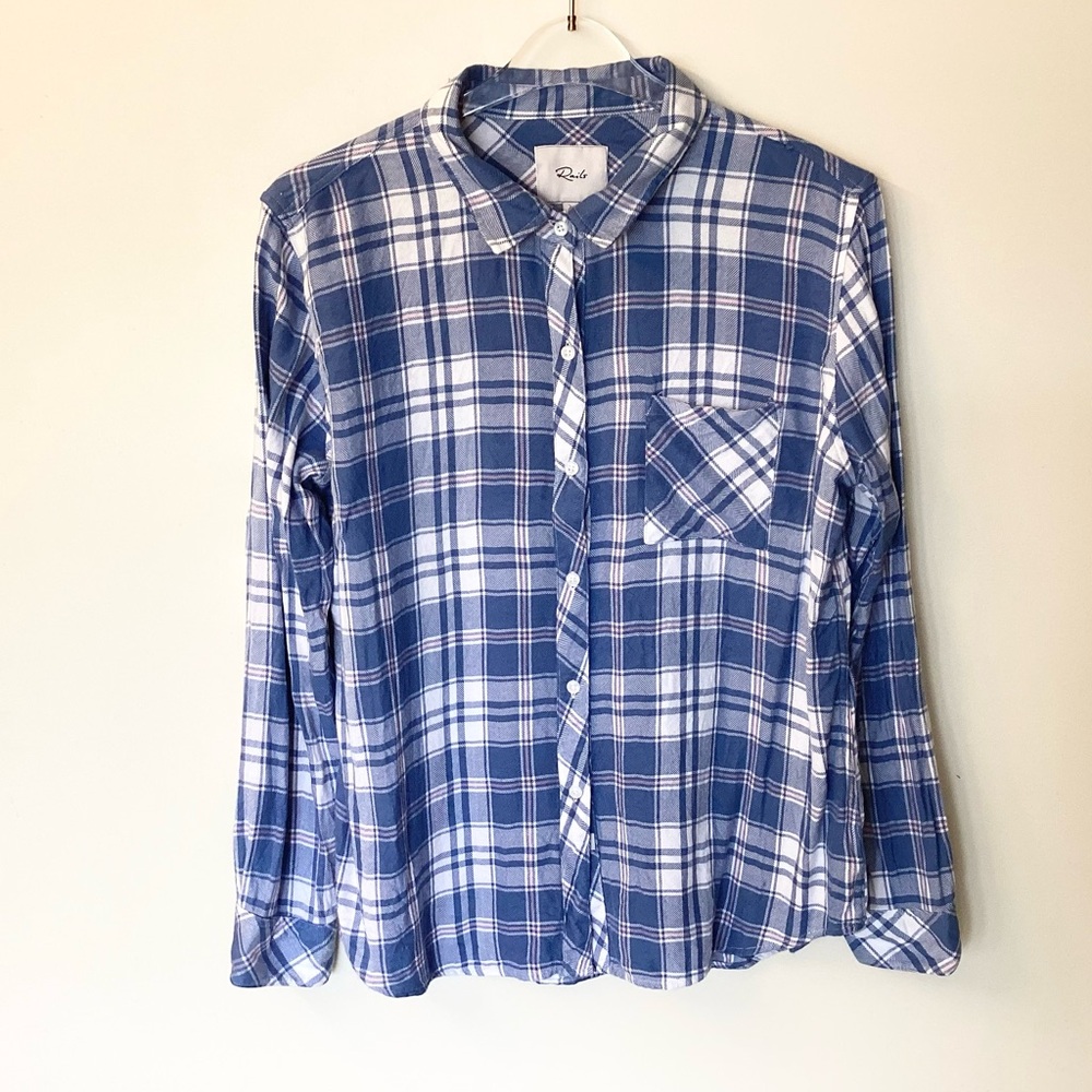 Rails Long Sleeve Plaid Hunter Button Down Shirt - Blue Jay/White/Pink - L